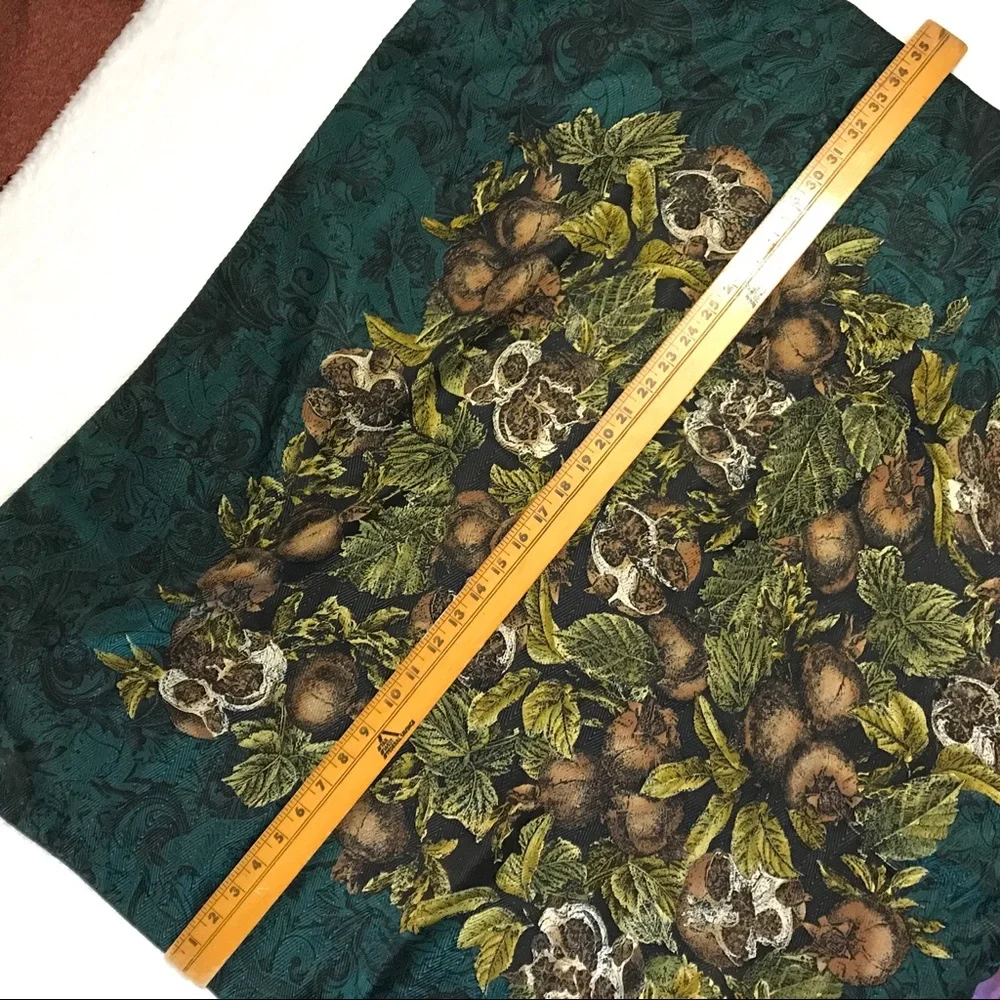 Vintage Scarf Fruit Pomegranate Floral Green‎ Brown Square Christmas